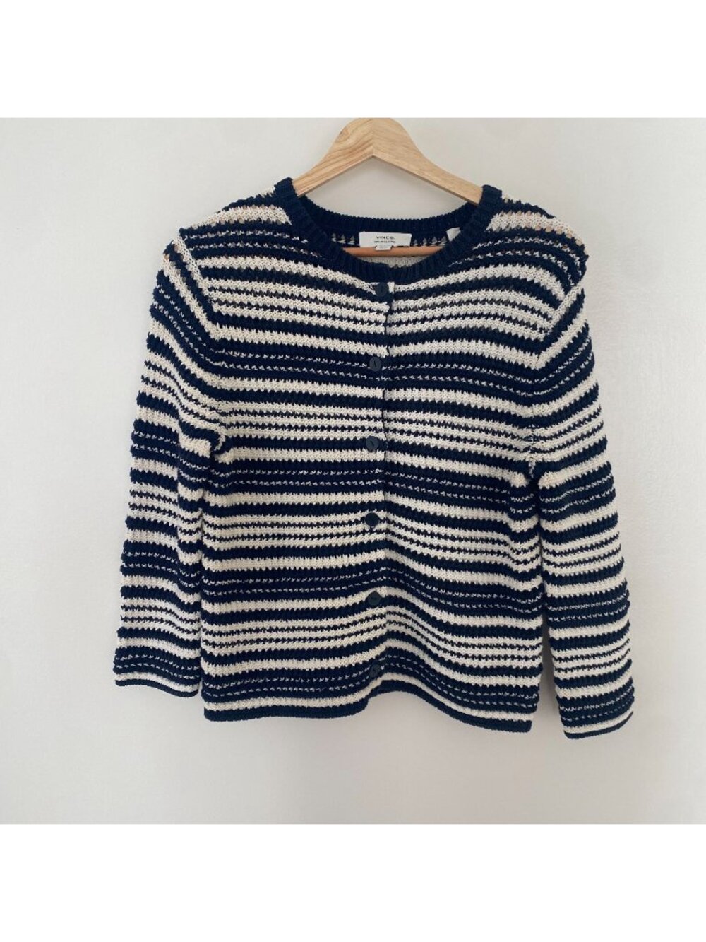 Vince Textured Stripe Italian Cotton Cardigan Sweater Blue White